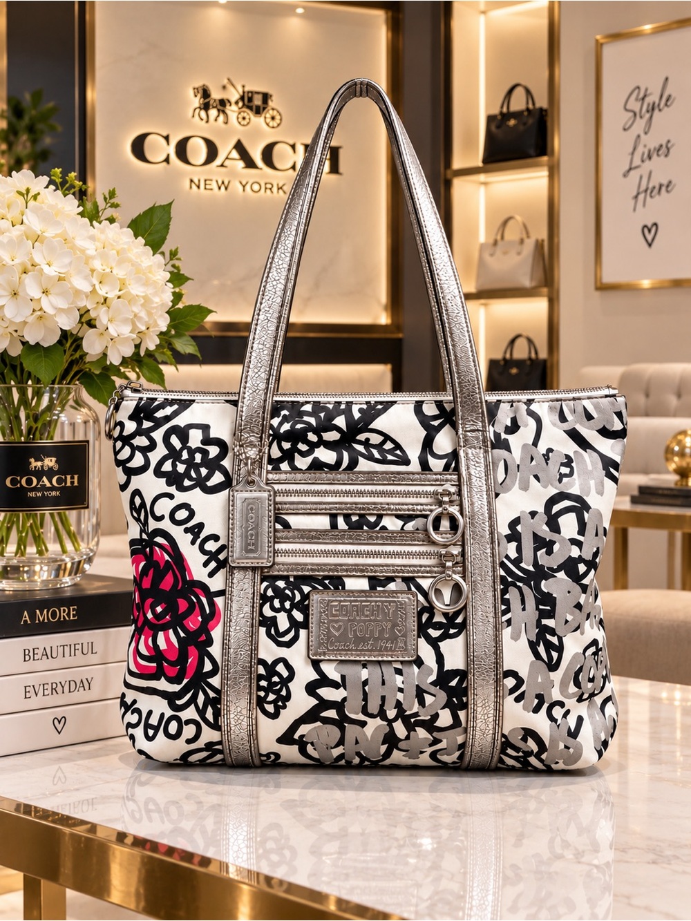 COACH Poppy Graffiti Floral Tote Shoulder Bag with Hang Tag Keychain 2009